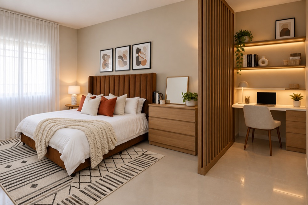 Illustrative 1-bedroom apartment with a study corner beside the bedroom