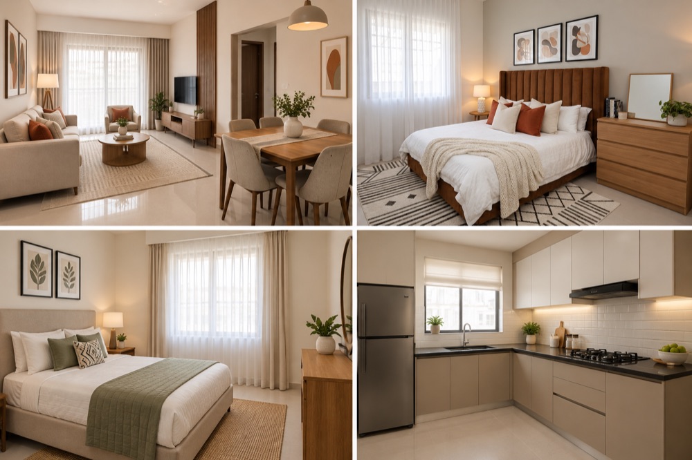 Illustrative 2-bedroom apartment interiors: living and dining area, two bedrooms and kitchen