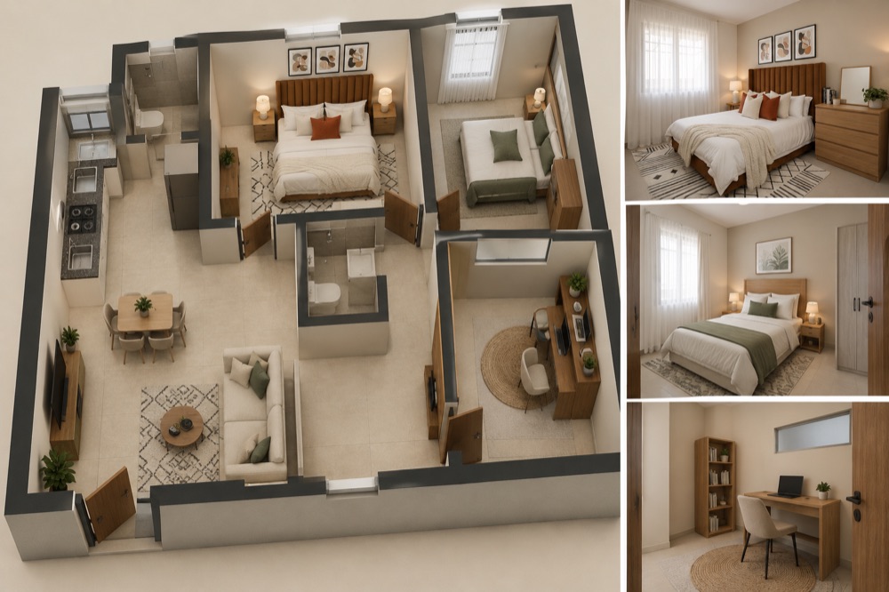 Illustrative 3D cutaway of a 2-bedroom apartment with study, with bedroom and study interiors