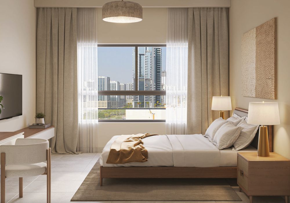 Furnished bedroom with work desk, Al Aamra 3 Tower brochure image