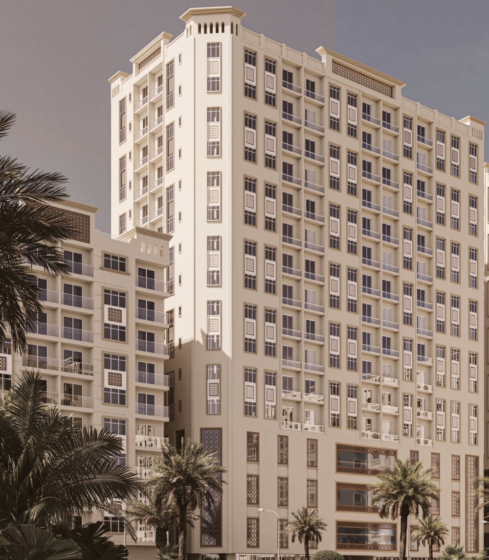 Al Ameera Village tower exterior with palm trees (developer render)