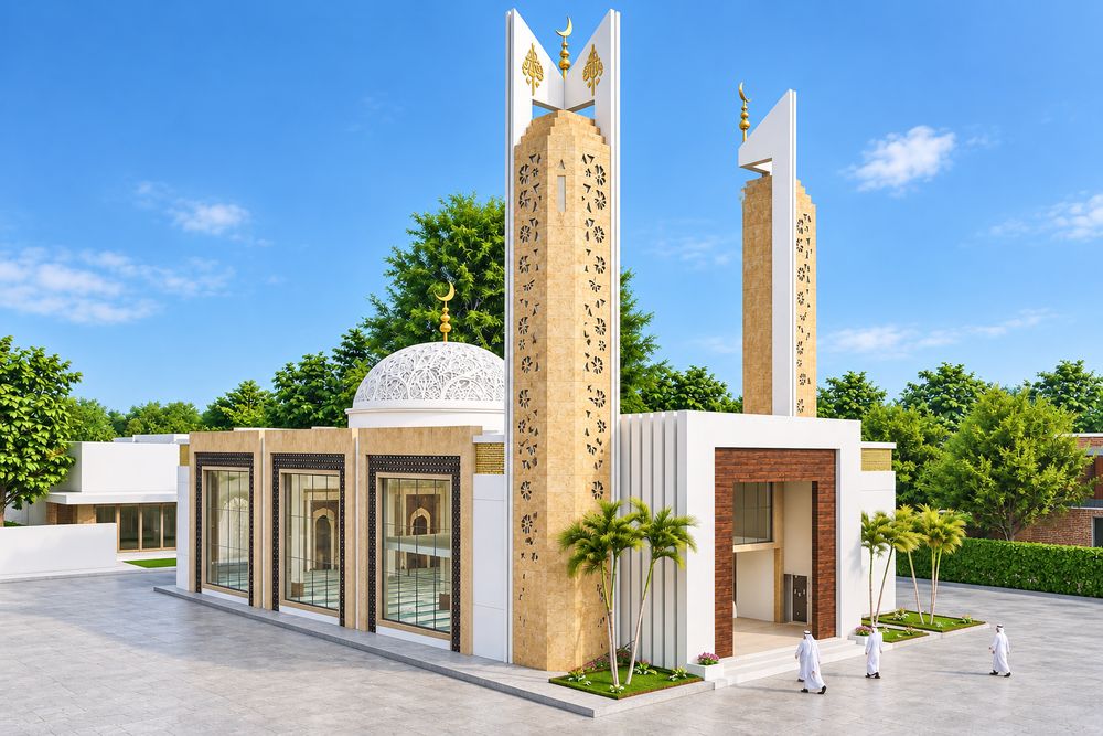 Illustrative render of the community mosque with two minarets, Al Ameera Village
