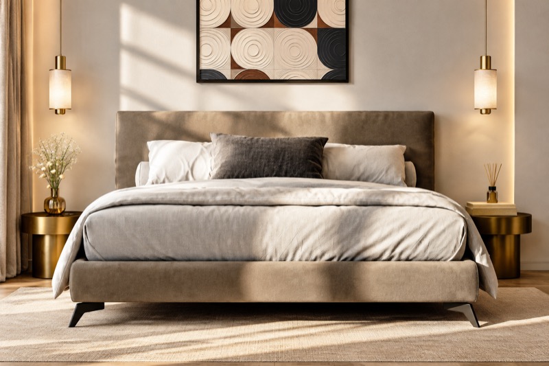 One-bedroom apartment bedroom with upholstered bed and warm lighting (representative interior)