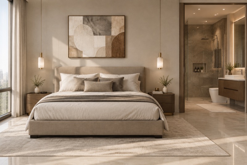 Two-bedroom apartment master bedroom with en-suite bathroom (representative interior)