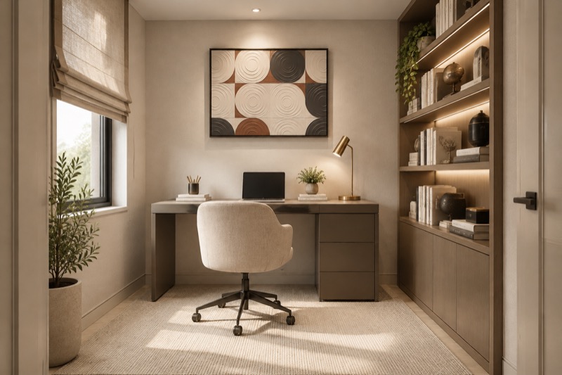 Study room with desk and built-in shelving (representative interior)