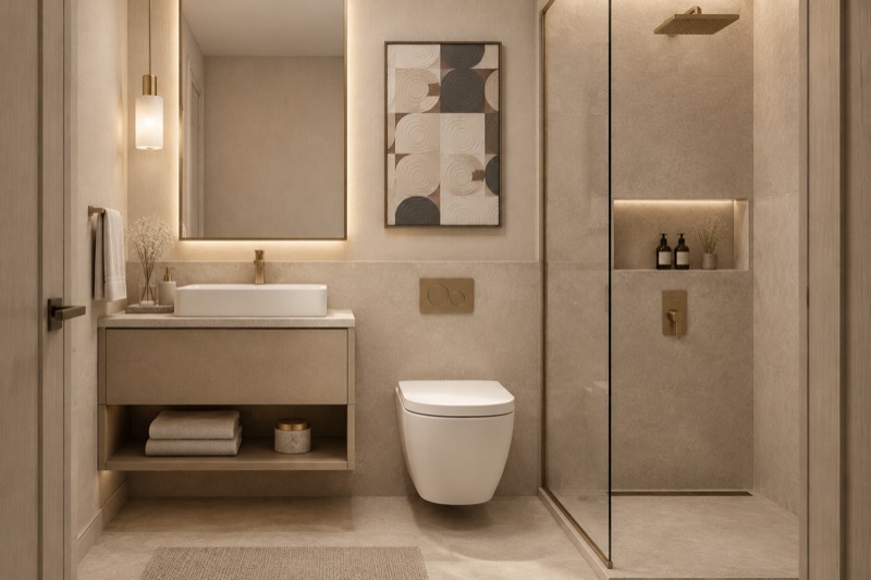 Bathroom with walk-in shower, floating vanity and warm neutral finishes (representative interior)