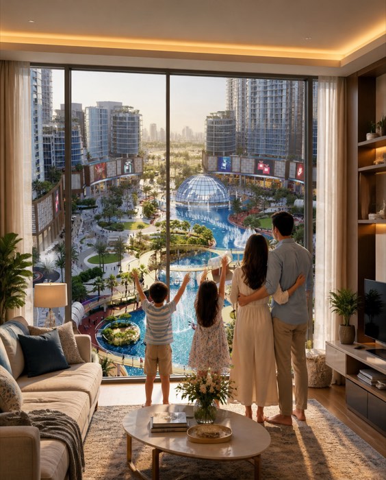 Family in a furnished Tiger Downtown Ajman residence overlooking the community